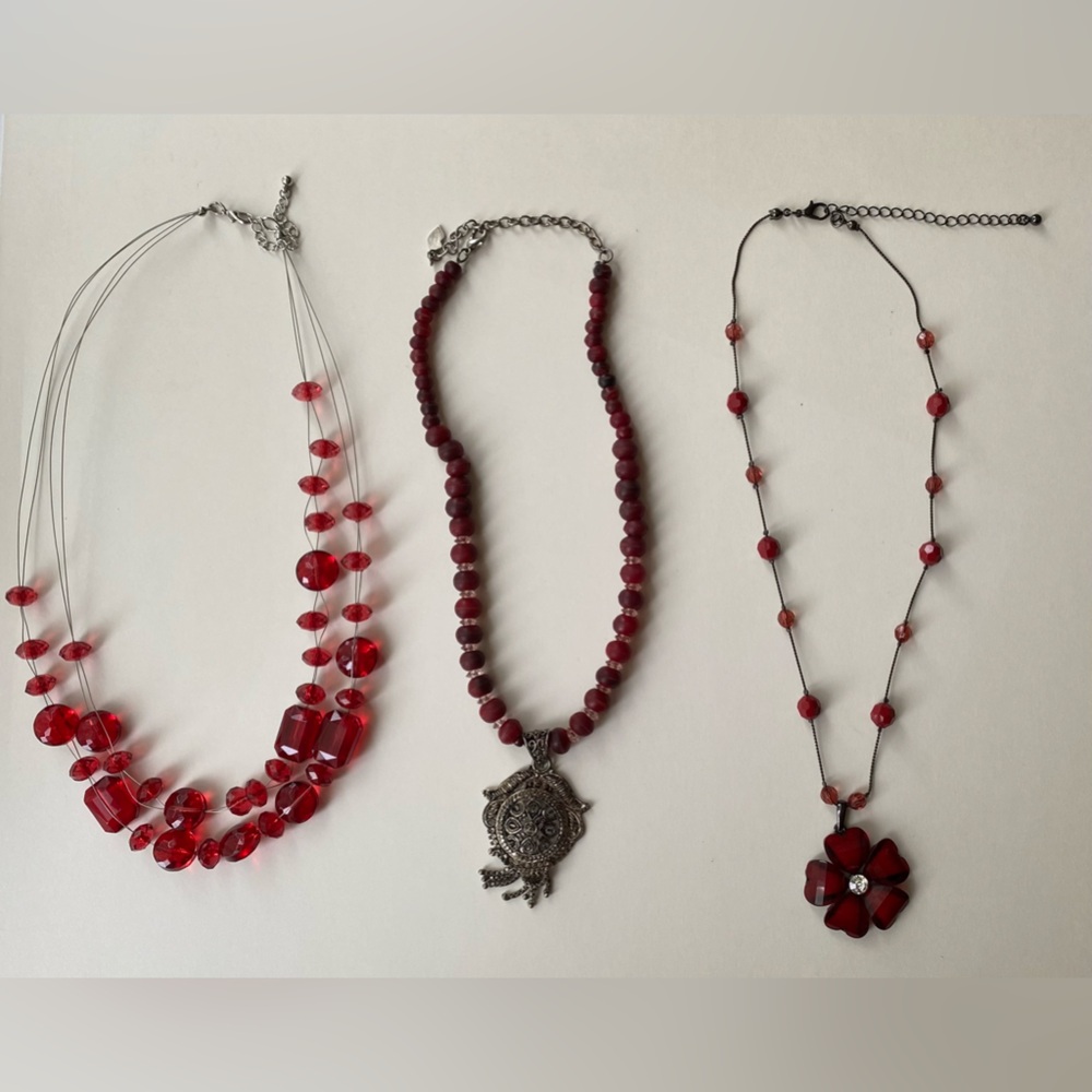 Set of 5 Costume Jewelry Red Beaded Necklaces